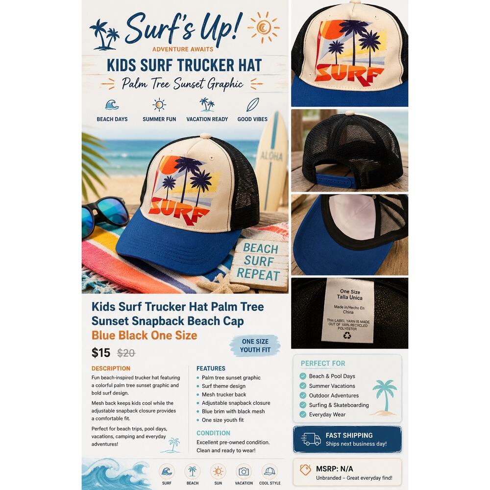 Kids Surf Trucker Hat Palm Tree Sunset Snapback Beach Cap Blue Black One Size